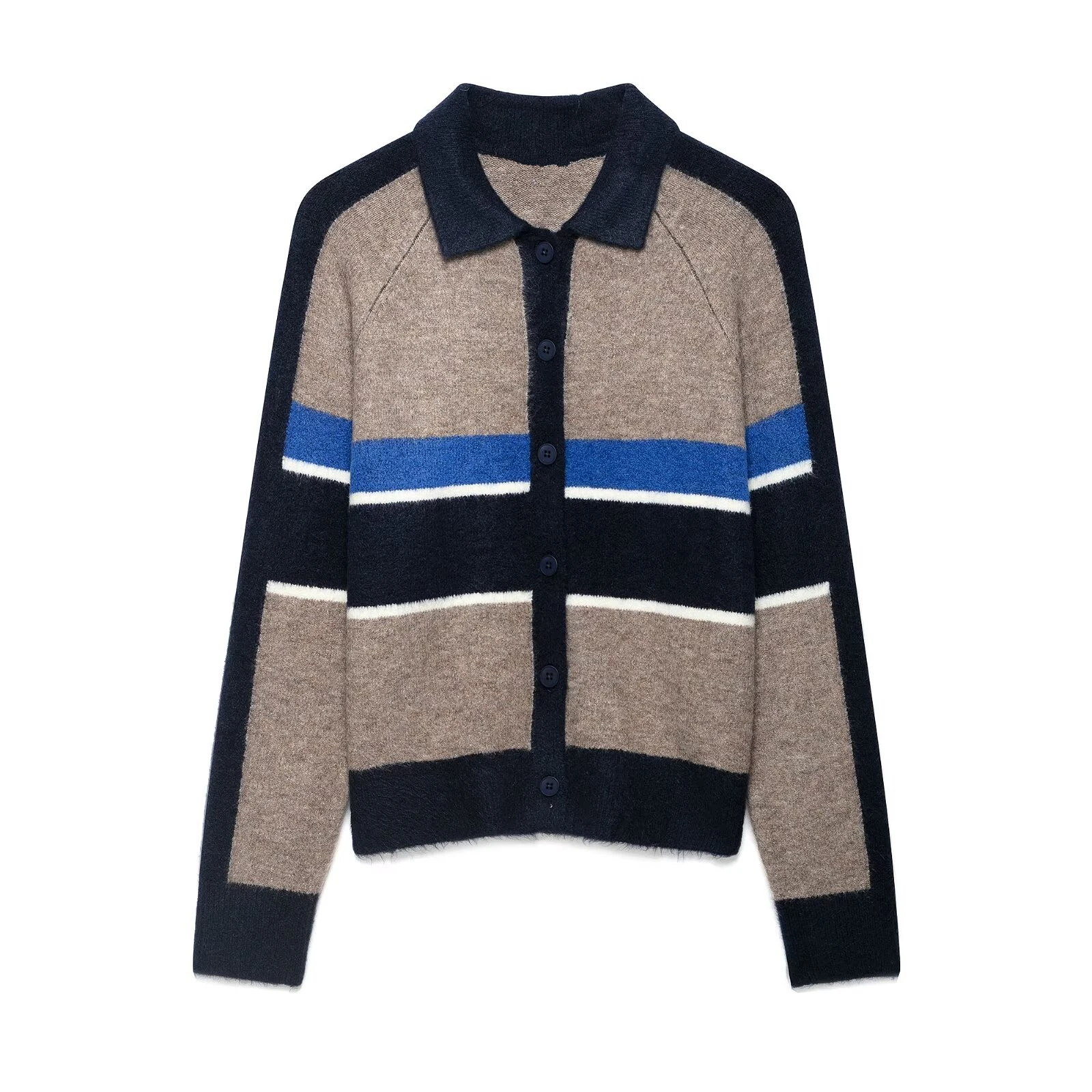 Maxdutti Southern French Retro Striped Knitted Polo Shirt Jacket Women's Sweater Knitwear Woman Clothes Cardigan For Winter Tops