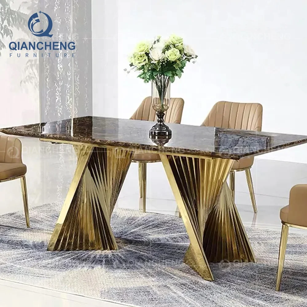 new york cheap furniture victorian 6 person dining table set in J1stainless steel golden modern luxury agate dining table