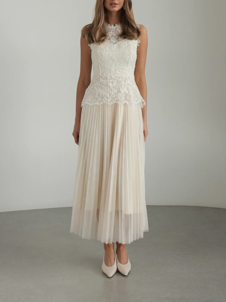 

European style new women's fashion versatile temperament simple lace lace splicing mesh sleeveless dress