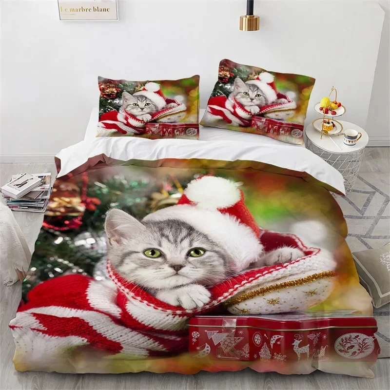 Cat Duvet Cover Merry Christmas Bedding Set Microfiber Cartoon Animal Santa Claus Comforter Cover Full For Kids Teens Room Decor