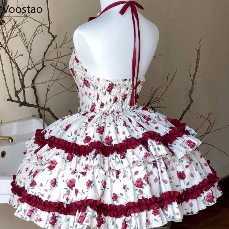 Victorian Vintage Lolita Dress Women Harajuku Y2k Lace Bow Red Rose Flower Princess Dresses Elegant Evening Party Mini Dress