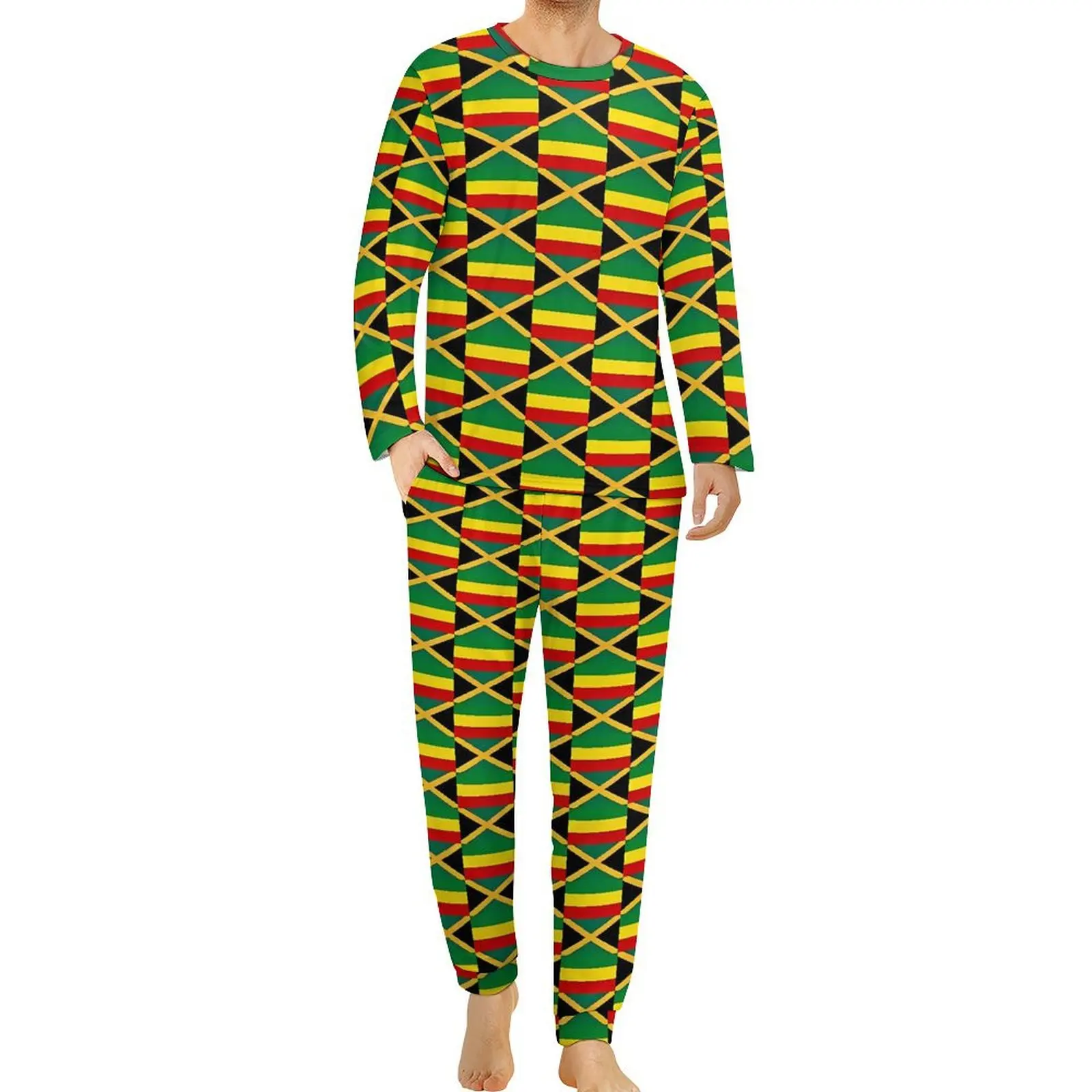 Jamaican Flag Pajamas Autumn Flag of Jamaica Leisure Sleepwear Men 2 Piece Custom Long Sleeve Cool Oversized Pajama Sets