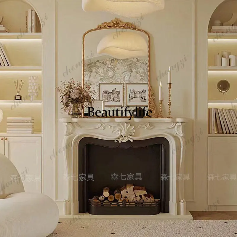 New French solid wood hand-carved fireplace decorative cabinet light luxury living room against the wall entrance villa modern