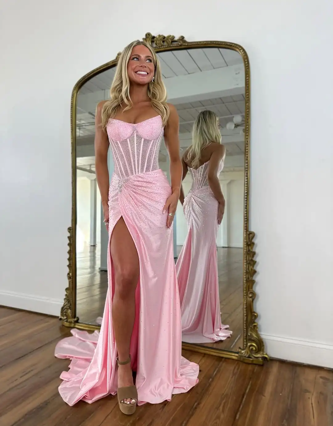 

Glamorous Pink Rhinestone Evening Dress Corset High Slit Satin Gown for Prom Cocktail