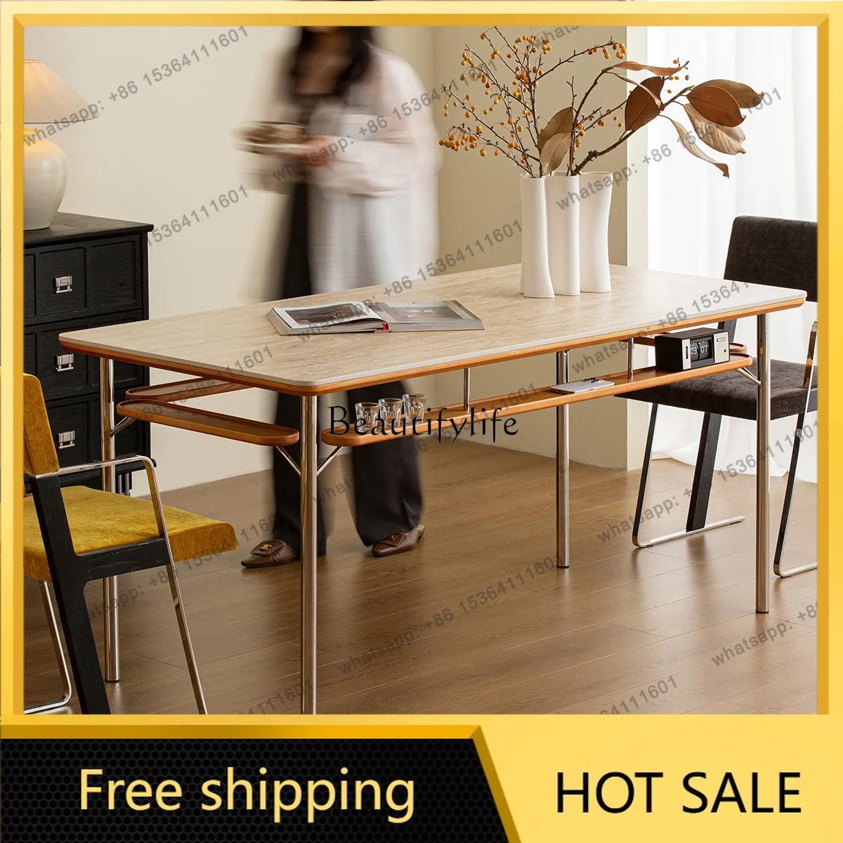 YJ Medieval ash wood table living room household rectangular solid wood rock slab dining table