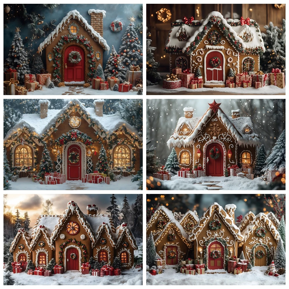 

Snowy Gingerbread House Photography Background Winter Xmas Tree White Snow Holiday Decor Backdrop Kids Portrait Photobooth Props