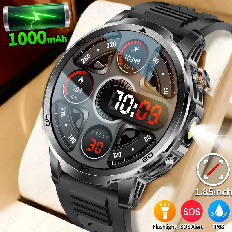 

LIGE Outdoor Smart Watch Men 1.85'' Screen Flashlight Military Watches Bluetooth Call SOS Light 1000mah Battery Smartwatch New