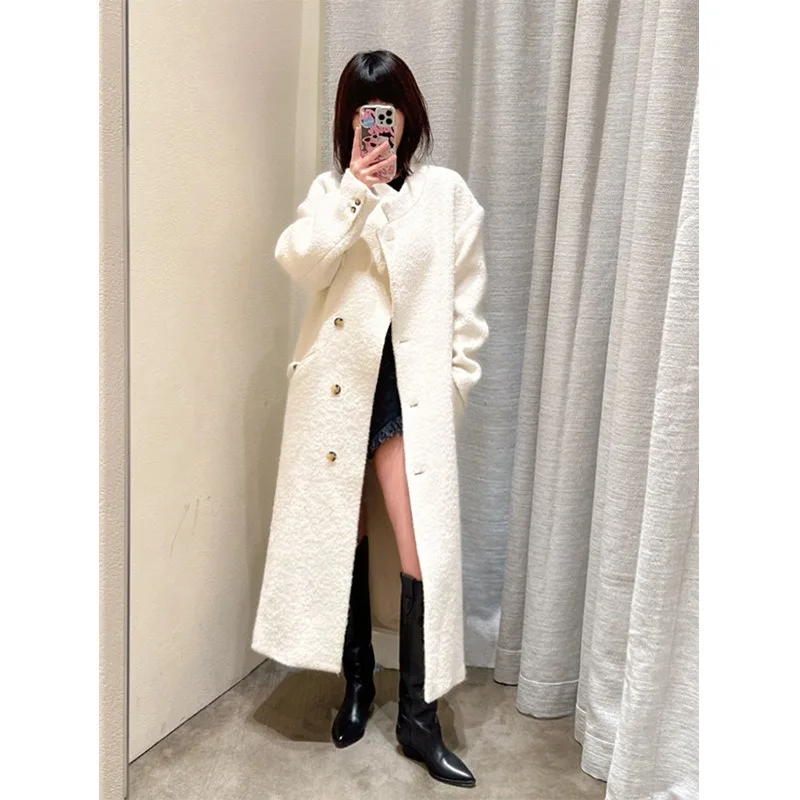 Autumn and Winter Modern and Elegant Alpaca Blend Diagonal Single-breasted Off-shoulder Silhouette Loose Long Woolen Coat