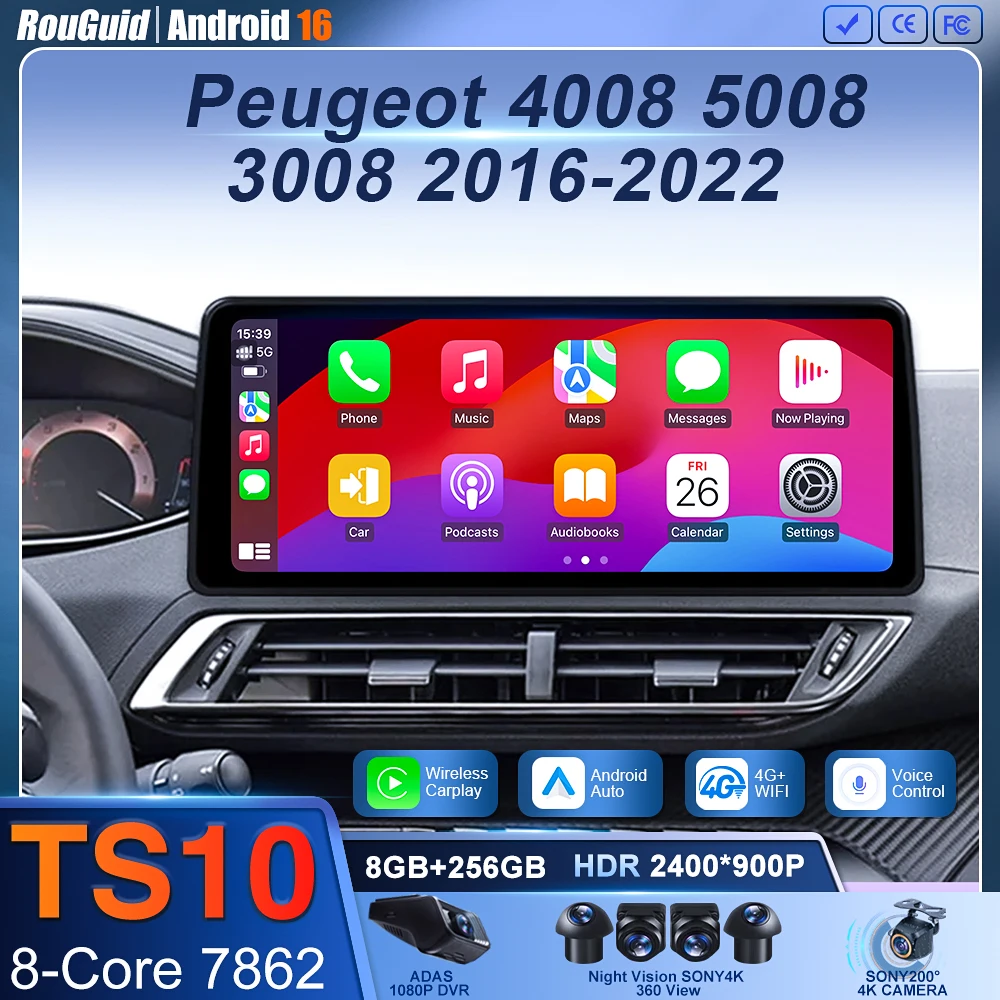 12.3 inch For Peugeot 4008 5008 3008 2016-2022 Wireless BT Carplay Radio Multimedia Player Car Android 16 Head Unit Screen