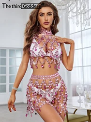 Sexy see through Metal rhinestone Summer Dress women backless glitter Club party dresses bodycon mini beach dress sets vestidos