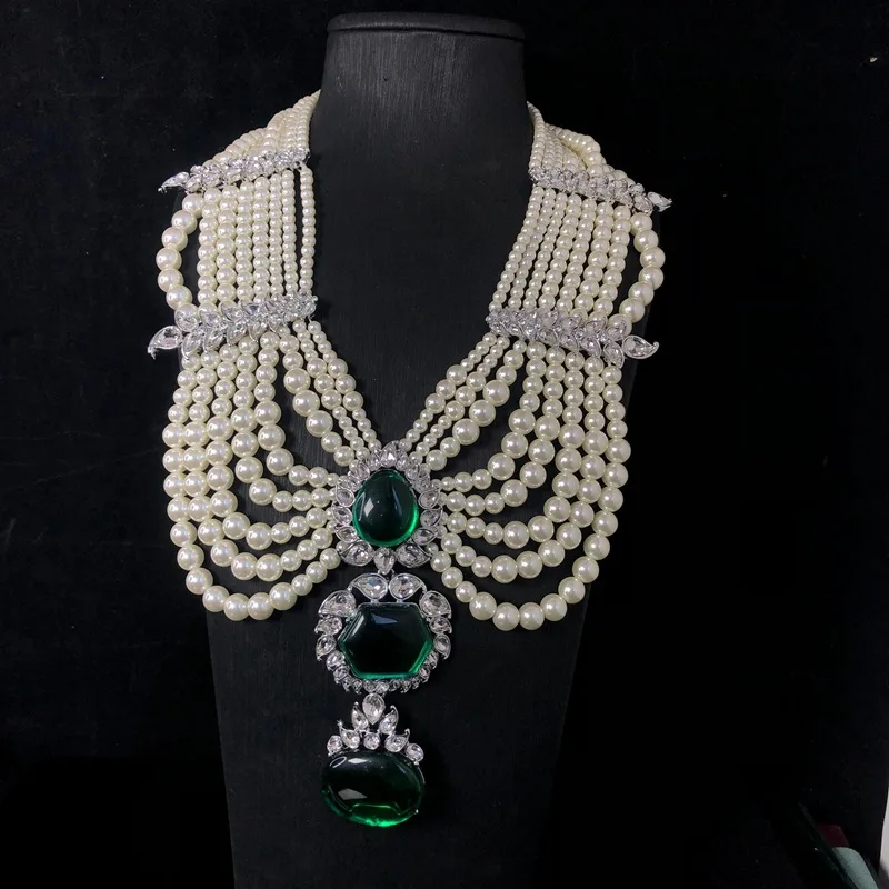 Vintage Multi‑Strand Faux Pearl Necklace, Simulated Emerald Green CZ Statement Choker, Luxury Banquet Women Costume Jewelry