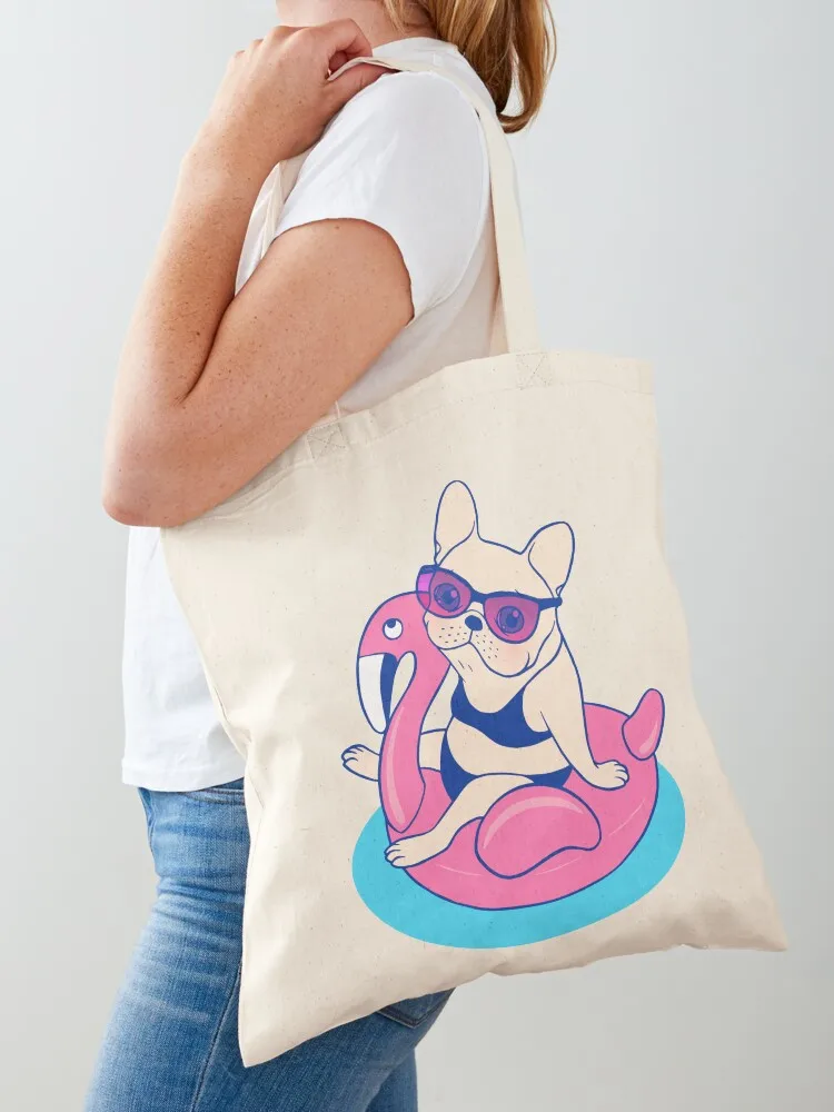 Frenchie enjoys Summer on Flamingo Pool Float in swimming pool Tote Bag tote bag large size bags Canvas Tote Bag