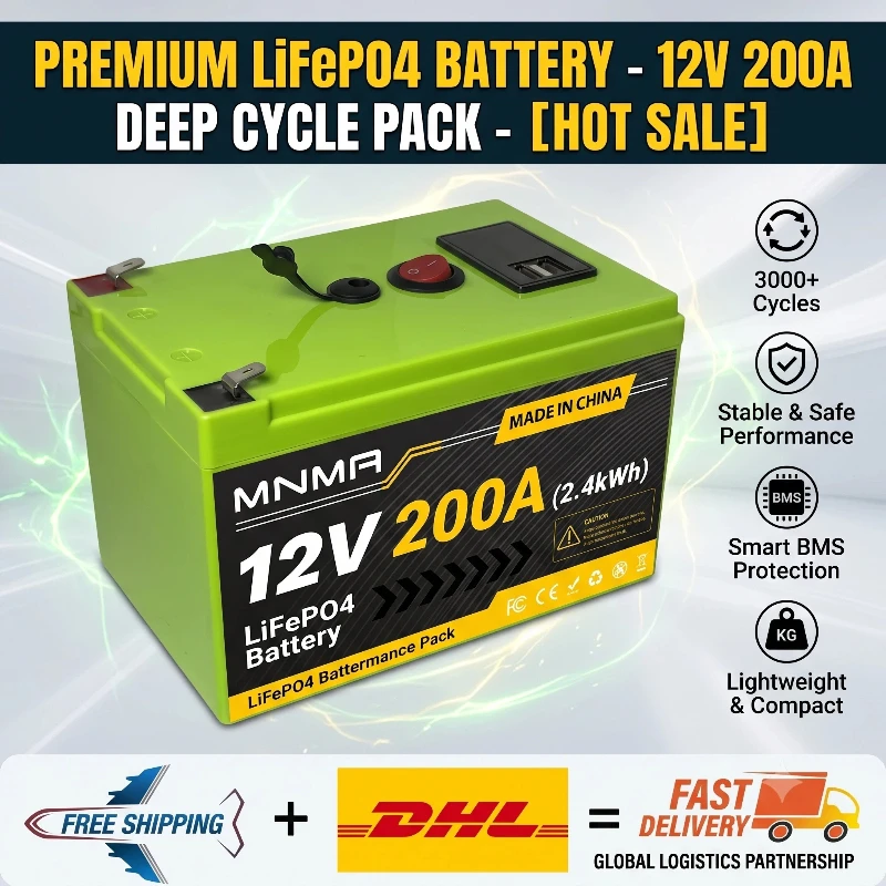 12V LiFePO4 200Ah Solar Battery, Deep Cycle Rechargeable Built-in BMS Lithium 200000mAhfor Power Wheels,Scooters,Fish Finder