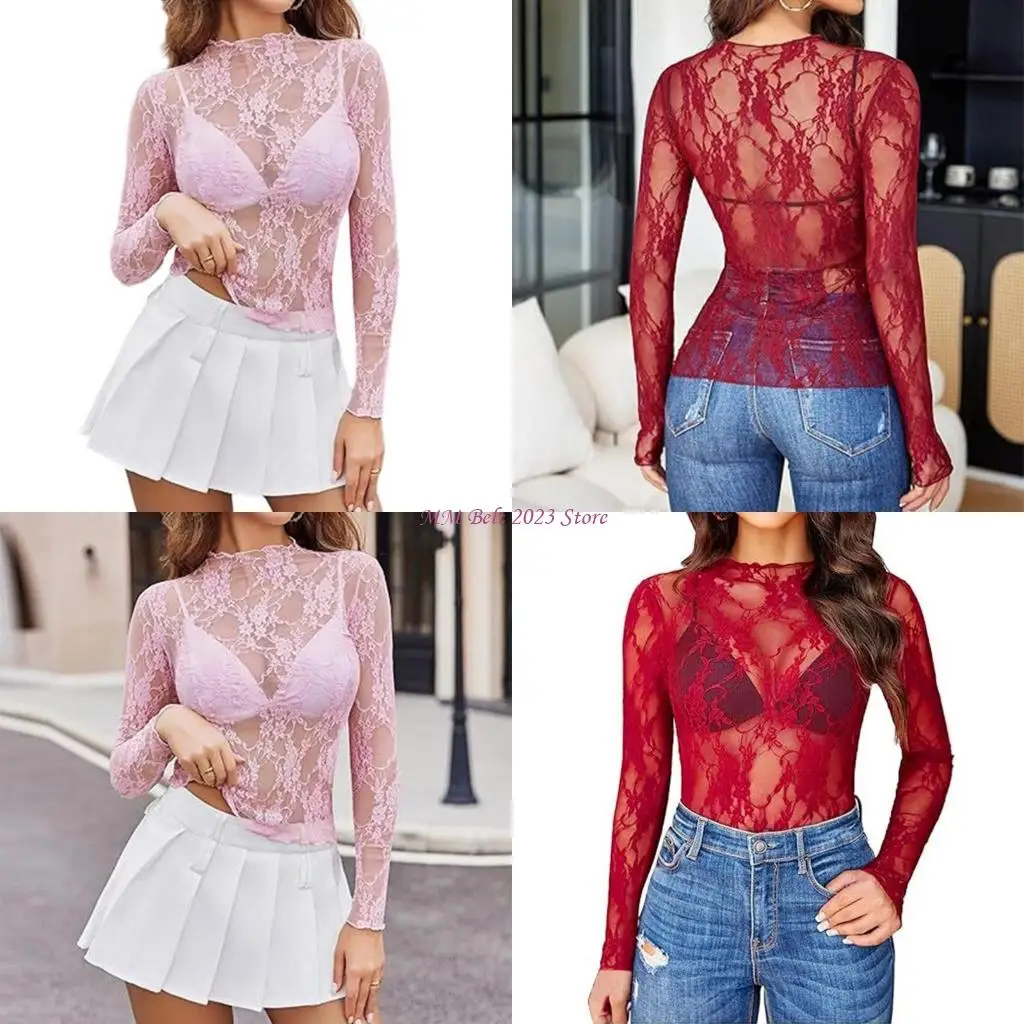 

49ME Women Long Sleeve Sheer Floral Lace T-Shirt Club Party Mesh Blouse Fit Top