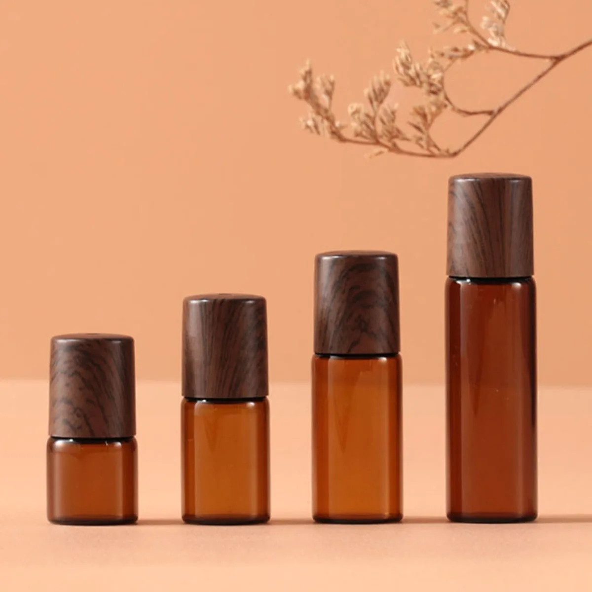 

5x Glass Essential Oils Roller Bottles 1/2/3/5ml Amber / Clear Roll on Vials Wood look Plastic Caps Lids Perfume Refill Portable