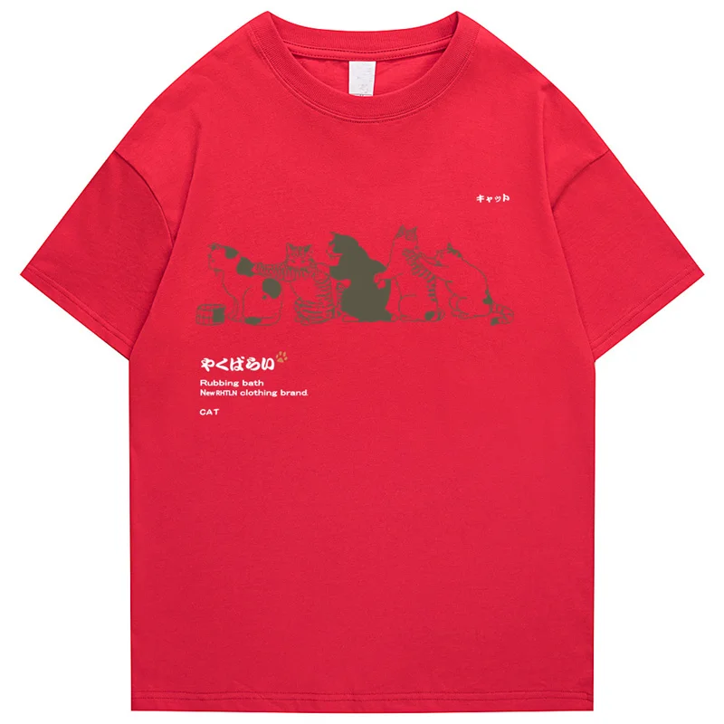 Camiseta de Hip-Hop para hombre, ropa de calle japonesa, Kanji, Harajuku, divertida camiseta de gato, camisetas de manga corta, camisetas de algodón