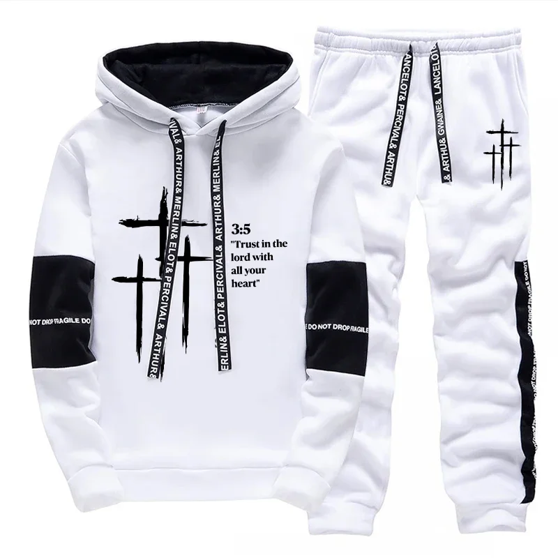 2026 New Arrival Men's Tracksuit Hoodie and Sweatpants 2pcs Set Autumn Daily Casual Sports Hooded Sportswear Cross Print Outfits view 4