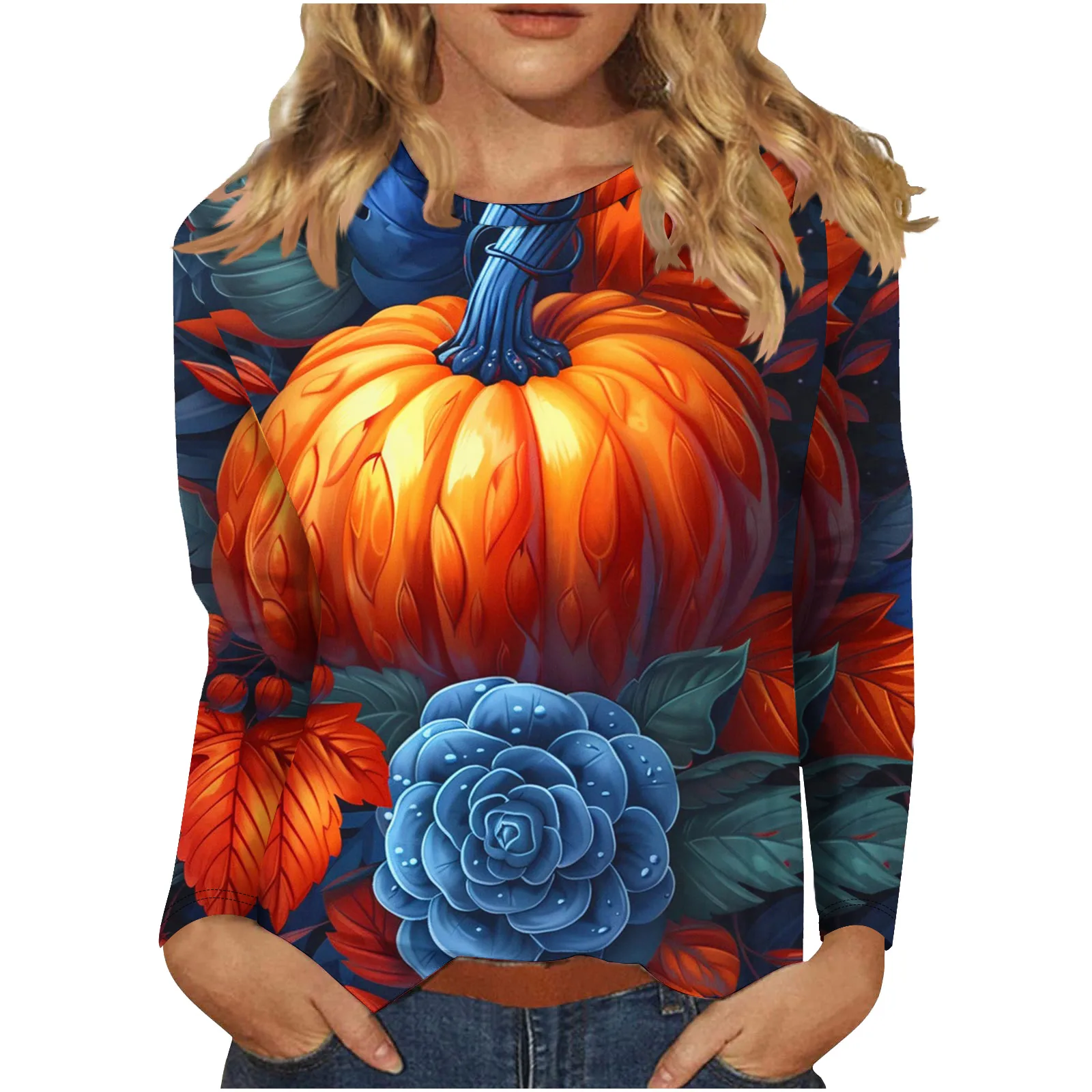 Fashion Halloween Style Pumpkin Print T-shirts Woman Autumn Casual Loose Long Sleeves O-neck Pullover T-shirt Tops For Women