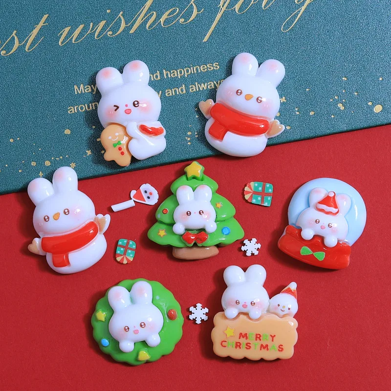 100pcs Flat Back Resin Cartoon Christmas Rabbit Cabochon Crafts Fit Phone Parts DIY Accessories Scrapbook Embellishments