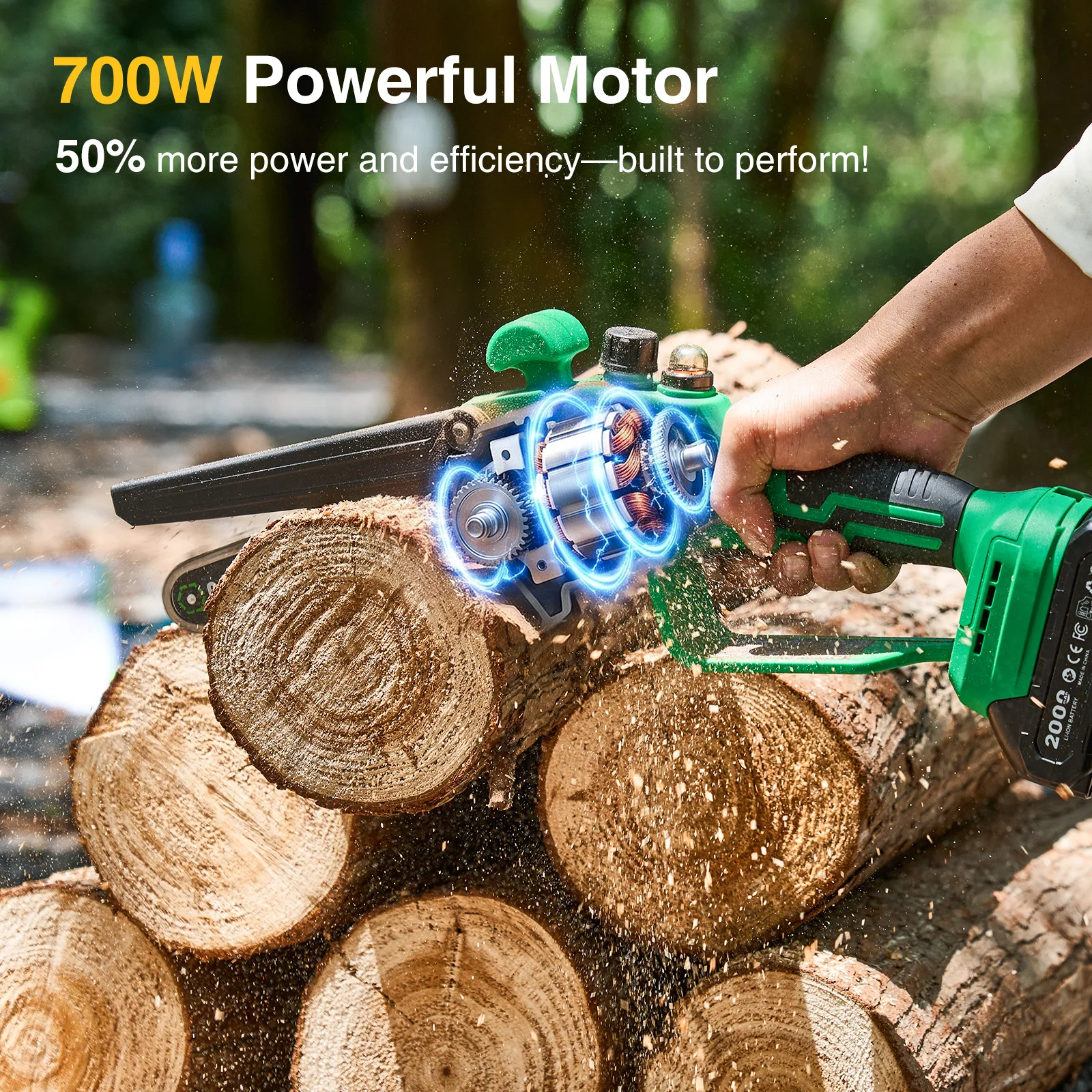 TaskStar 6-Zoll-Mini-Kettensäge, 700 W, Bürstenmotor, handgeführte elektrische Säge, manuelle Ölförderung, Gartensäge zum Beschneiden von Bäumen und zum Holzschneiden. für Makita 18V Akku-Pin – Detail 2