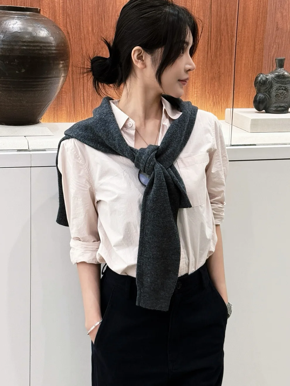 

e Poer Mist Paper Feel irt Turn-down Collar Soft Touch Small e Ele Cotton Long Sve Women's irt