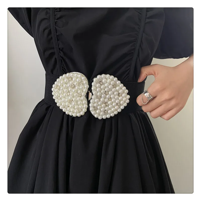 Lovely Pearl Elastic Waistband Women's French Fashionable Skirt Matching Dress Elegant Suit Elastic Wide Waistband
