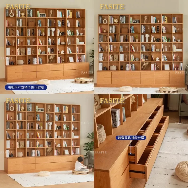 For Nordic Simple Solid Wood Cherry Oak Full Wall Bookshelf with Card Seat Living Room Library Storage Bookcase Furniture