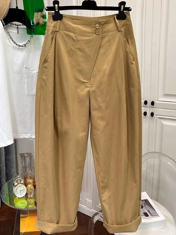 

Хаки, рабочая одежда, брюки Харлан, женские весенне-осенние модные свободные брюки с высокой талией для похудения, повседневные широкие брюки для папы с девятью очками