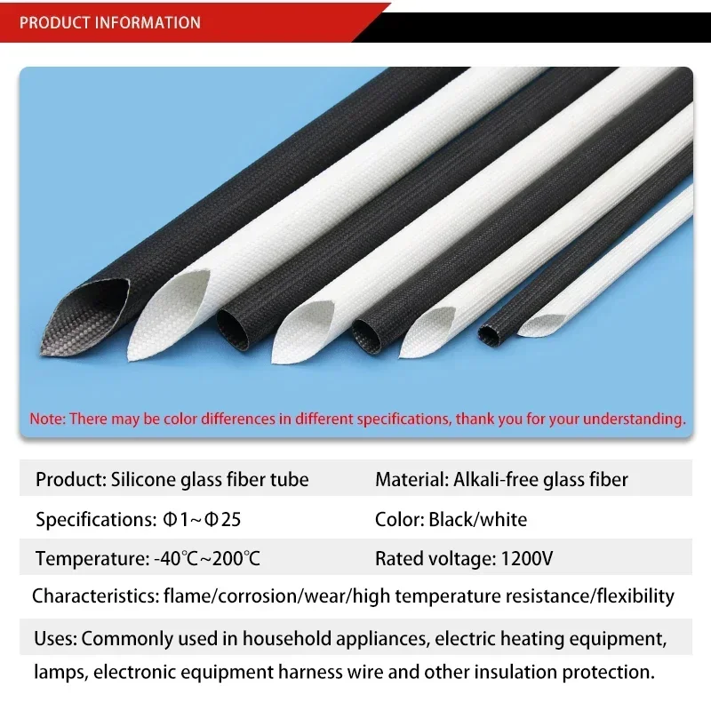 1/5/10M ID 1 ~ 25mm Silicone Fiberglass Sleeving Flame Resistant Silicone Resin Insulate Cable Protect Tubing 200 Deg.C