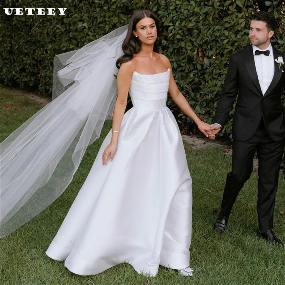 

UETEEY Simple Strapless Pleats Sleeveless Crepe A Line Wedding Dress Zipper Back Floor Length Bridal Gown Custom Made