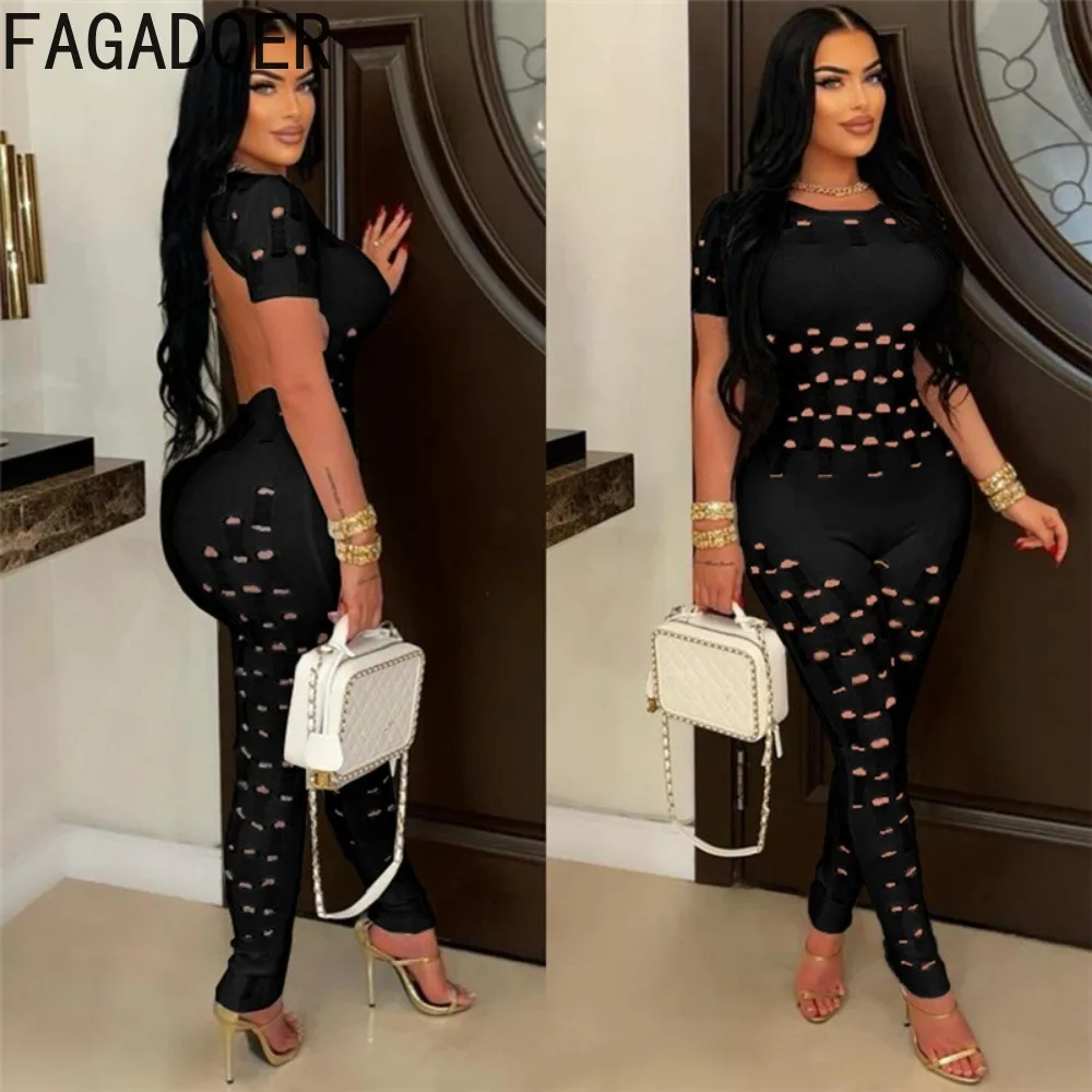 FAGADOER Sexy tinta unita scava fuori Backless Bodycon tute donna girocollo manica lunga Slim salopette corta Fashion Hole complessivo