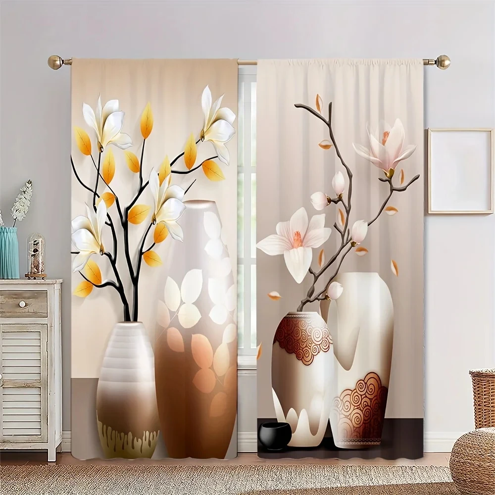 2 Pieces Sunflower Vase Luxury Gold Flower Western Classical Vase Window Treatment Curtains For Living Room Bedroom Home Decor