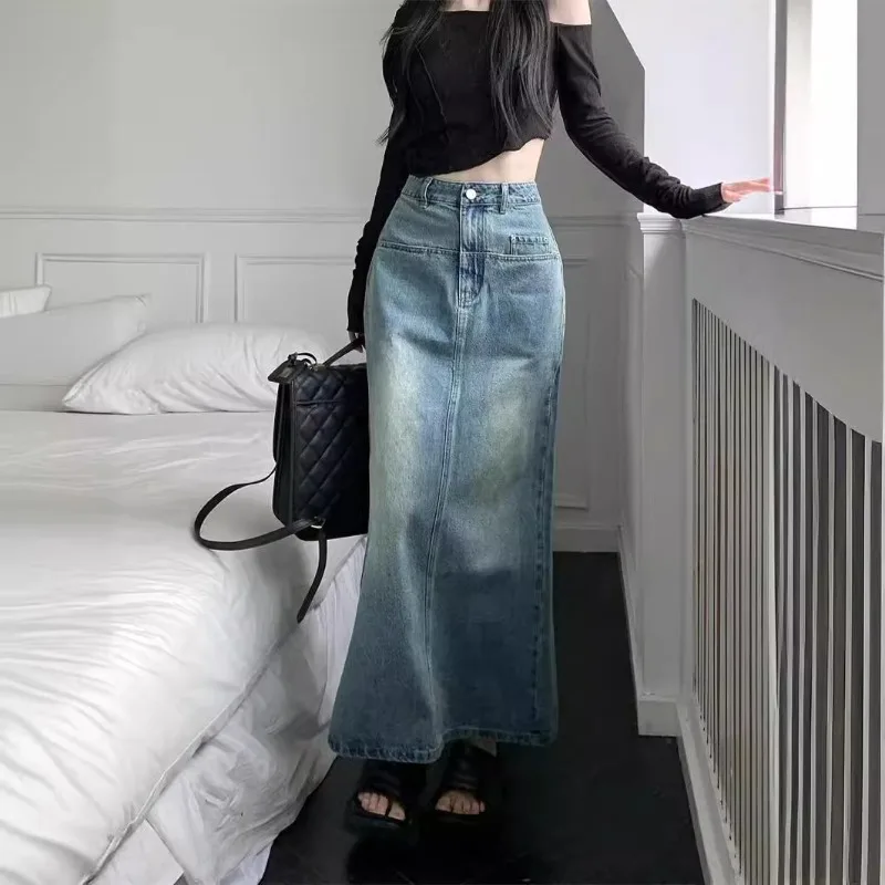 New Retro Slit Denim Skirt Women High-waisted and Slimming Hong Kong-style Petite Mid-length A-line Body-hugging Skirt for Women