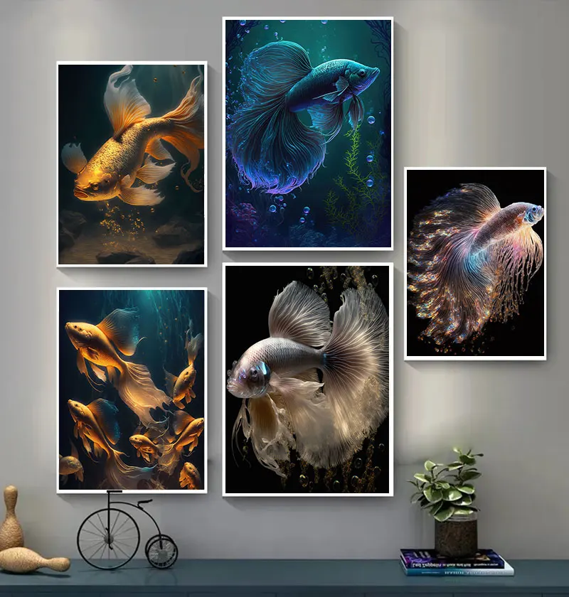 Beautiful Colorful Fish Tail Koi Goldfish In The Water Fish Tank Room Home Decor Posters Prints Canvas Painting Wall Art Picture