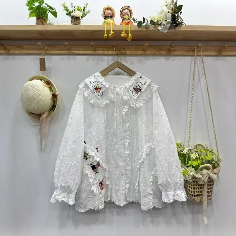 Japanese Mori Girl Style Sweet Lace Splicing Lace-up Doll Collar Long Sleeve Embroidery Loose Casual Blouse Shirt Women Autumn