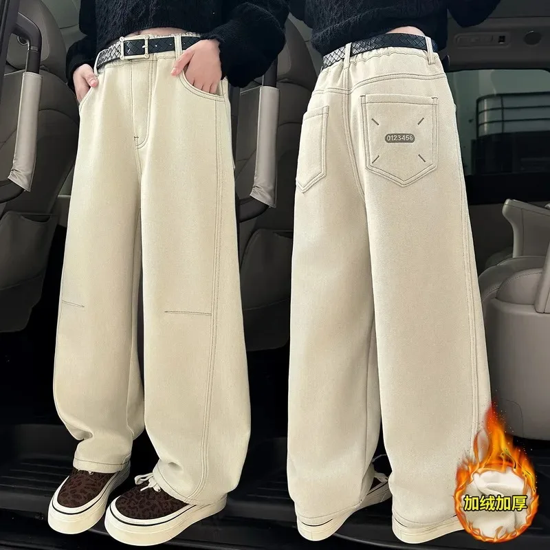 

Trendy Children Sweatpants Kids Fleece Lined Curved Pants with Patchwork Design for Girls Autumn Winter Casual Sports Trousers