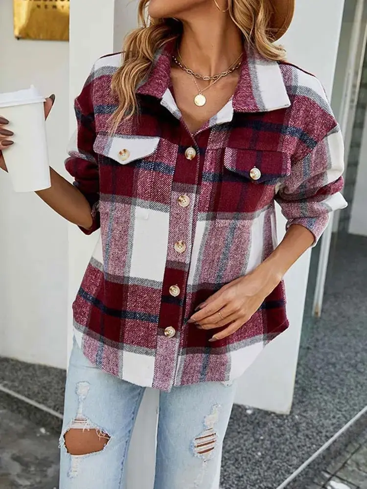 Herbst kariertes Jaet-Damenmantel, Hemd, Cheered-Design, lässig, schick, kamelfarbene Daunenfüllung, Damenmode für den Herbst 2023, Herbst