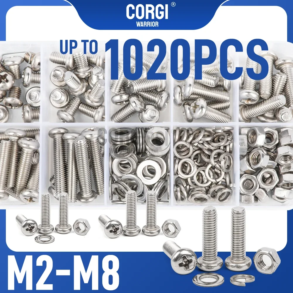 Machine Screws Phillips Pan Head Electricians Kit 88-1020 M2 M2.5 M3 M4 M5 M6 M8 304 Stainless Steel Lock Flat Washers Nuts Set