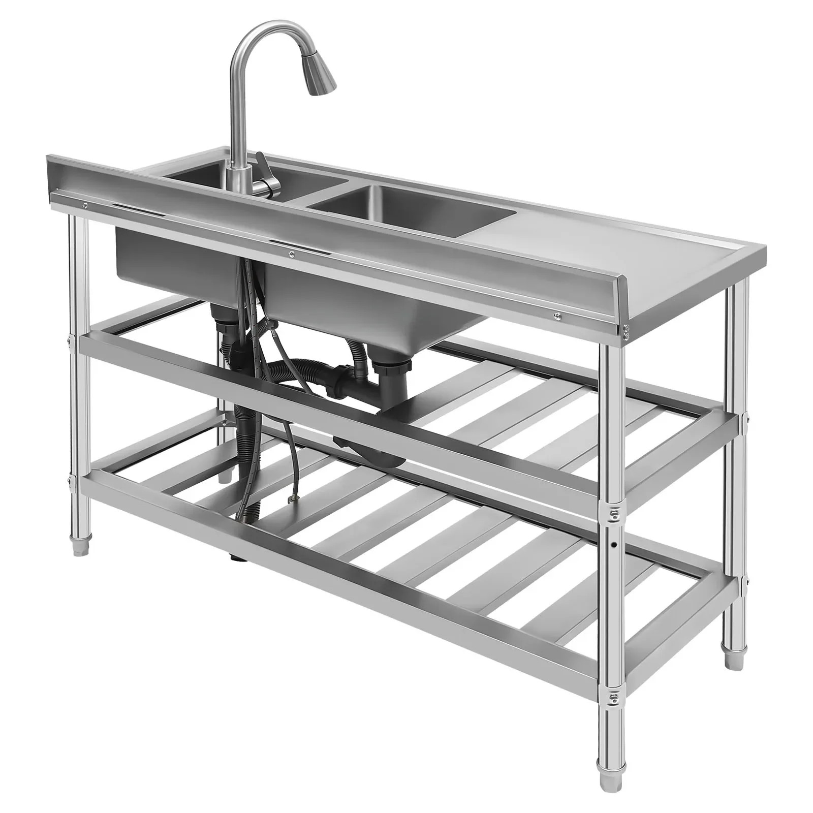 

stainless steel multifunctional sink, commercial kitchen sink, freestanding double-bowl kitchen sink, with faucet and drain pipe