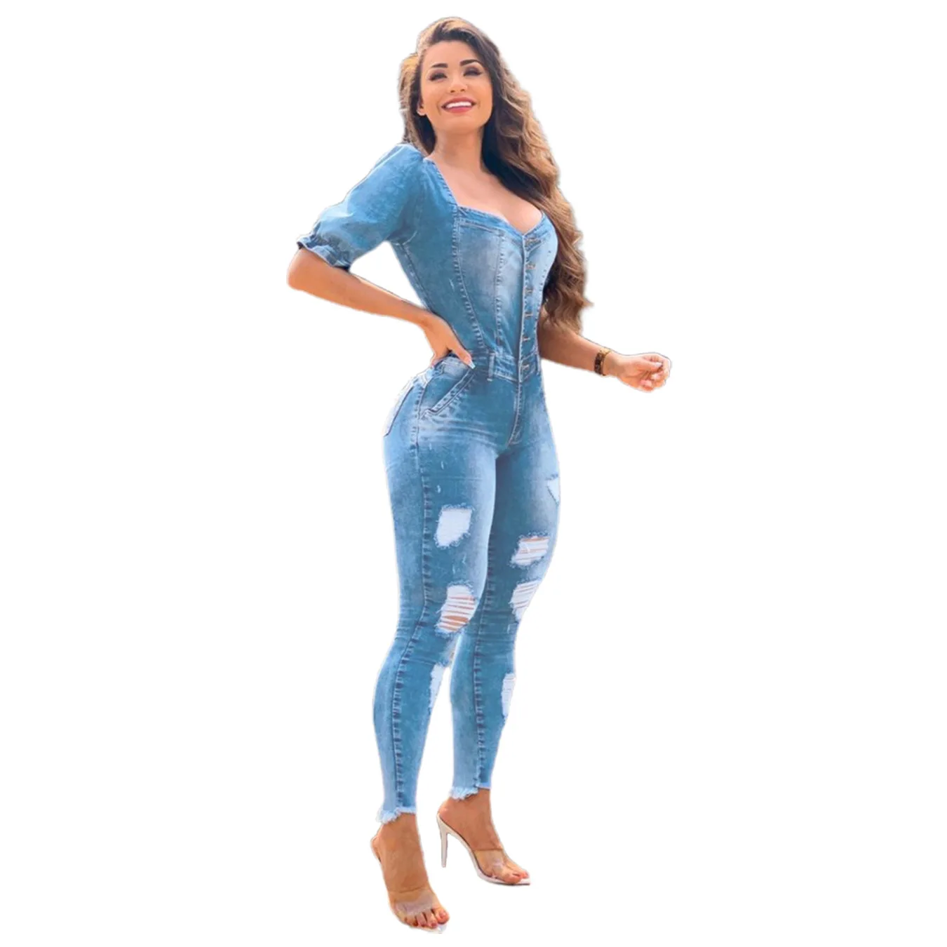 

Women's Ruffle Puff Sleeves Denim Jumpsuit, Casual Fashion, Sexy, Spray White, New