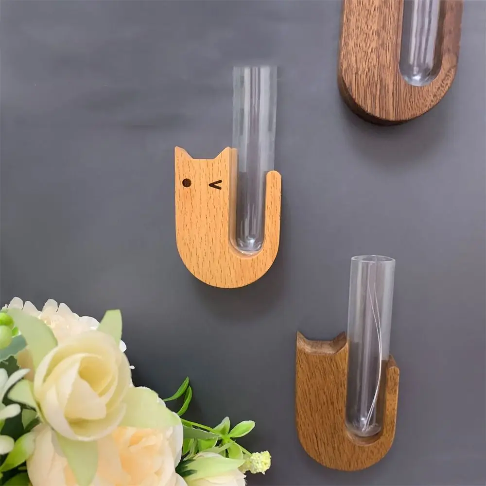 

Wooden Pet Cat Hair Vase Magnetic Cartoon Hydroponic Plants Vase with Glass Tube Fridge Magnet Vase Hair Preservation