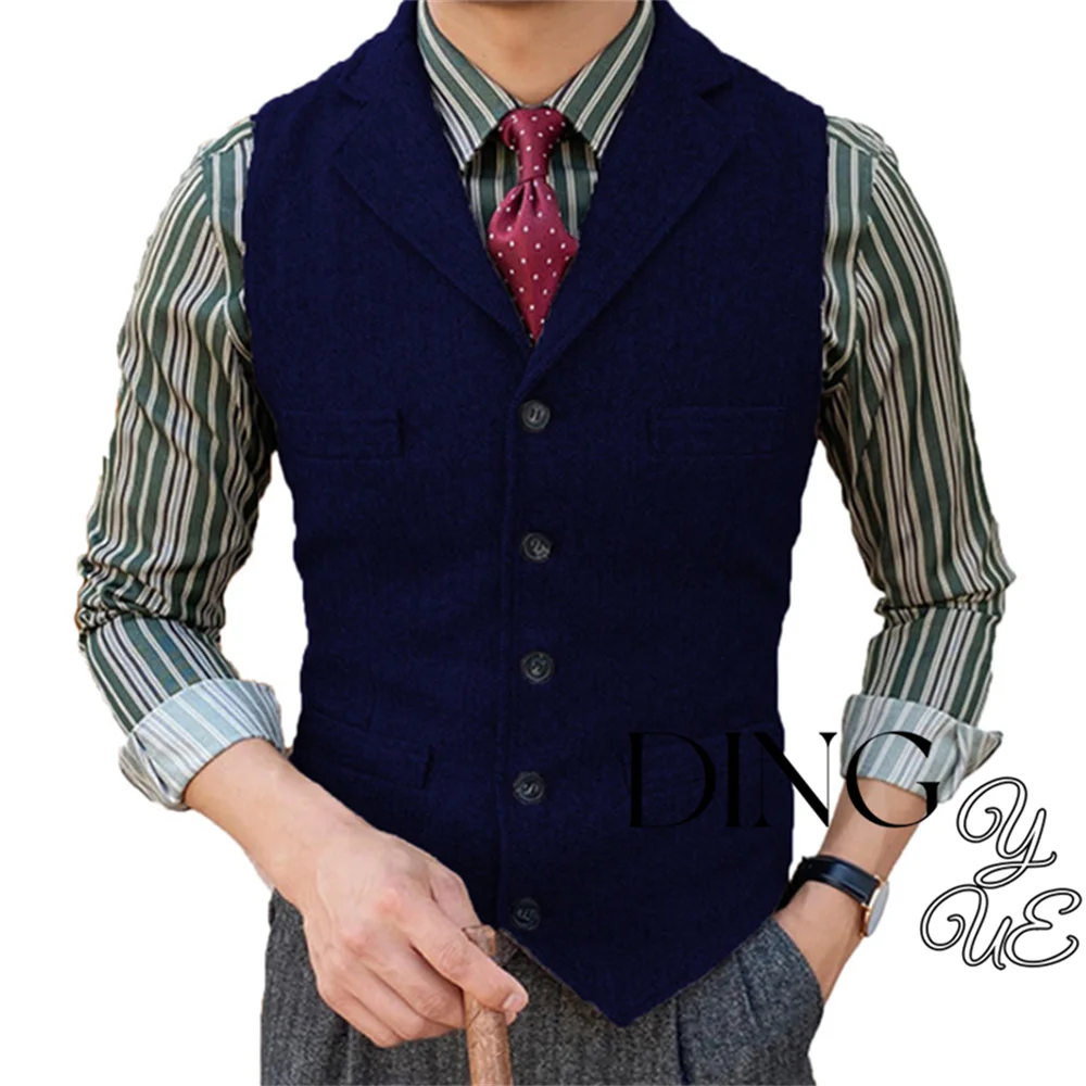 Herringbone Men\'s Suit Vest V Neck 5 buttons Woolen Mens Vests Waistcoat Jacket 3 Pockets Casual Formal Business chaleco hombre