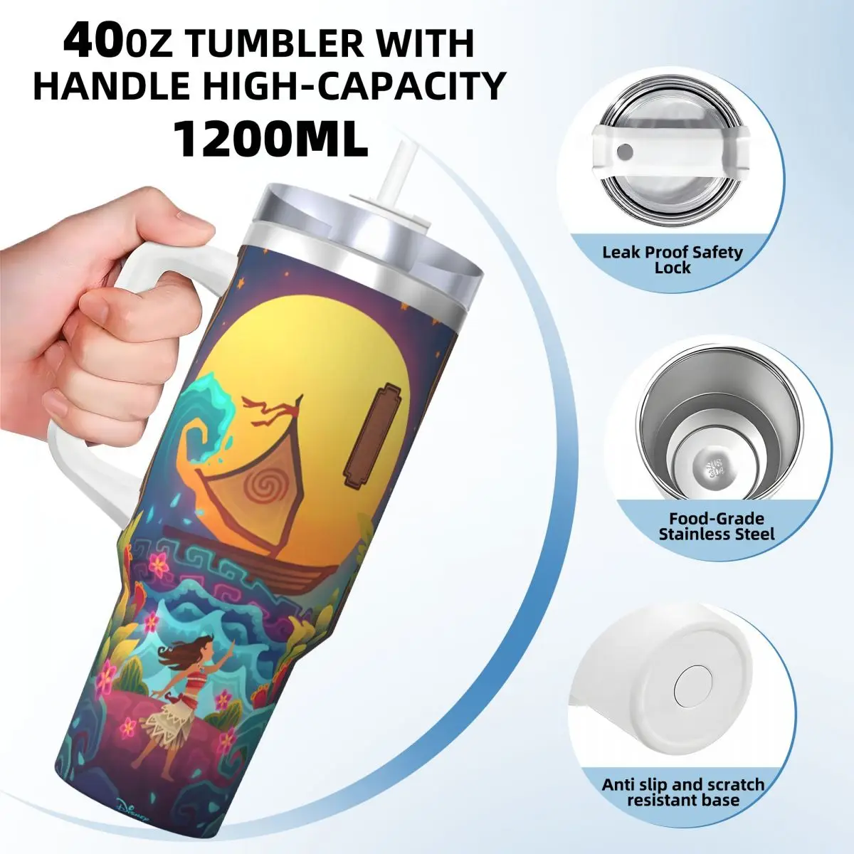 Stainless Steel Tumbler Anime Moana Maui Moon Mugs Cup With Straws Travel Cold and Hot Water Bottle Leakproof 40oz Thermal Cups