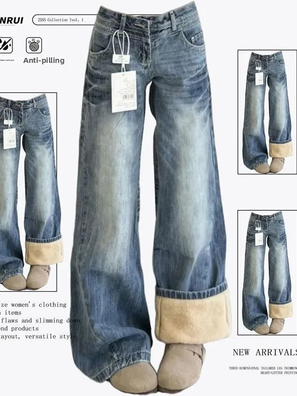 

plus Size Thiened Fce Lined Loose Fit Bell Bot Jeans Women's American Retro Sle Winter Warm Long Trousers