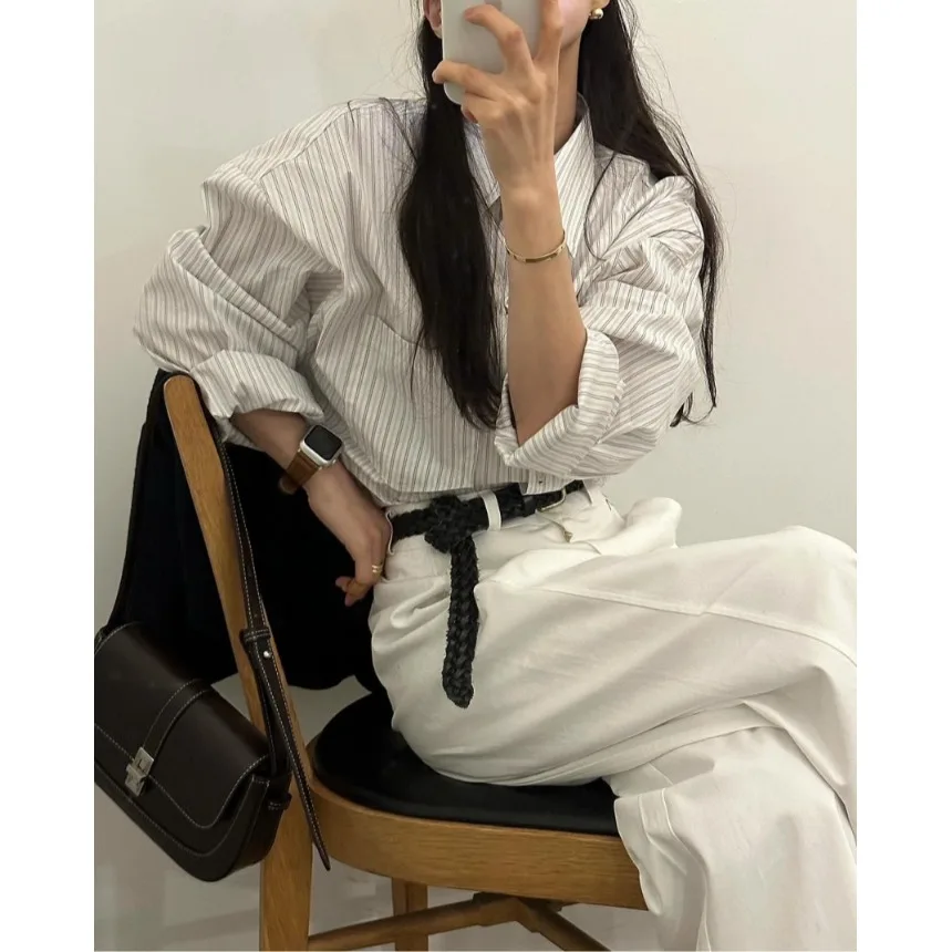 Damska bluzka w paski, elegancka, idealna na wczesną wiosnę, do noszenia warstwowo, długa, z kołnierzykiem, w stylu vintage, do noszenia pod ubraniem, modna na wiosnę i jesień.