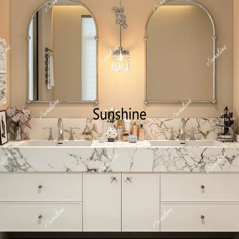 Italian light luxury bathroom cabinet combination rock slab seamless ceramic sink