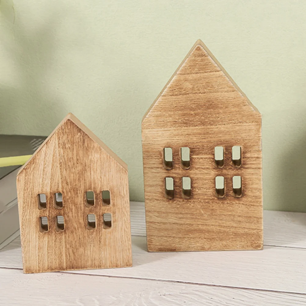 2pcs Wooden Slice House Ornament Tabletop Decor Decorative House Desk Decoration mini house mini house decor