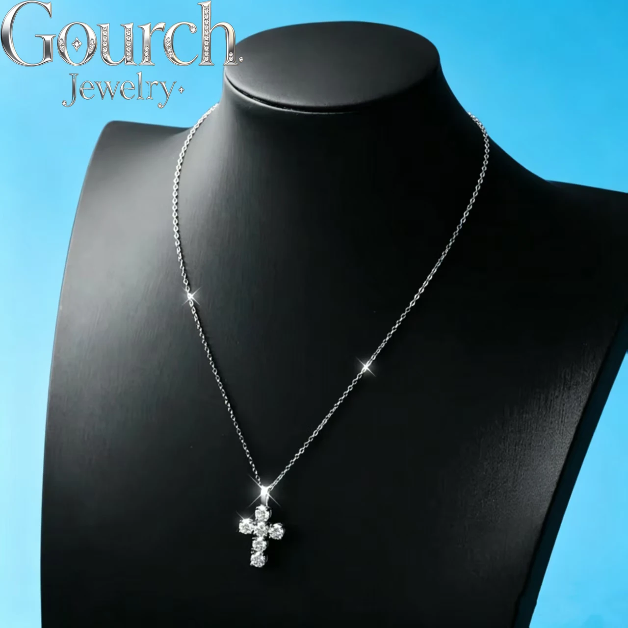 Gourch 5mm D VVS1 Round Cut Real Moissanite Cross Pendant Necklace for Women 925 Sterling Silver Chain 14K White Gold Plated