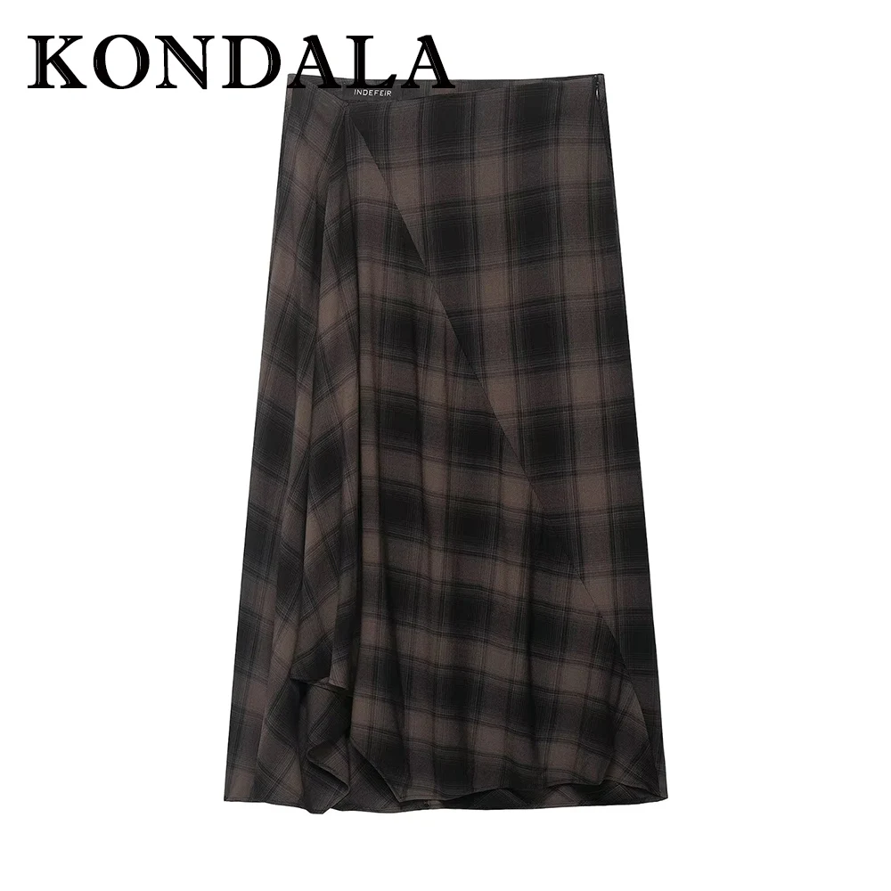 

KONDALA Chic Plaid Women Autumn Winter Casual Skirt Vintage A-Line Asymmetric Streetwear Midi Long Elegant Mermaid Female Skirt