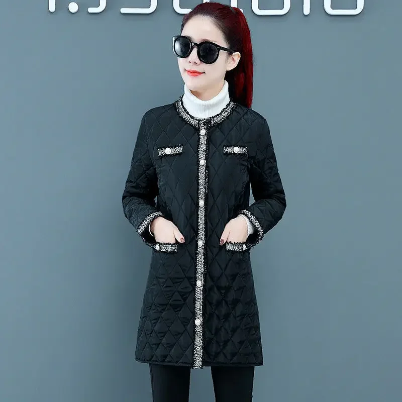 Abrigo largo de invierno de algodón para mujer, Parka holgada coreana tejida con entramado rómbico, chaqueta fina, prendas de vestir exteriores cálidas y ajustadas